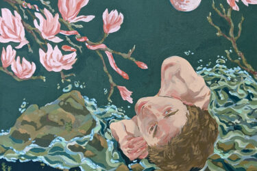 painted self portrait of lex r thomas with short brown hair looking up as waves crash over them with a pink snake and magnolias overhead